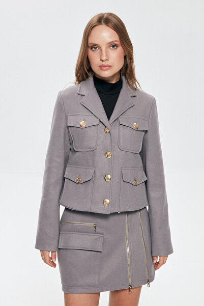 Quzu Button Detailed Stamp Jacket Gray