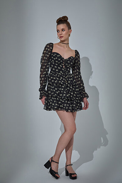 Quzu Rochie mini din tul cu model cu guler inimă negru