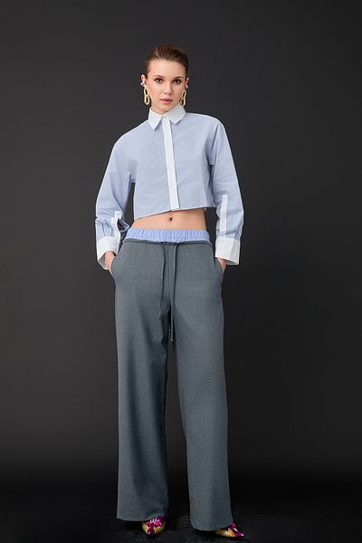 Quzu Boxer Detailed Wide Leg Trousers Gray