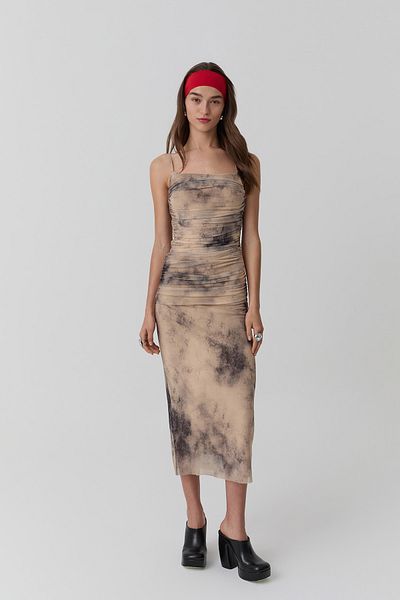 Quzu Thin Straps Draped Midi Dress Camel
