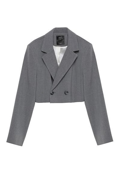 Quzu Γκρι Crop Blazer Jacket - Λεπτομέρεια από βάτα