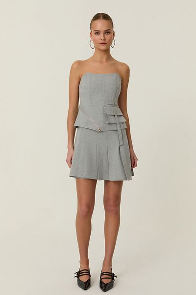 Quzu Wrap Detailed Pleated Mini Skirt Light Gray