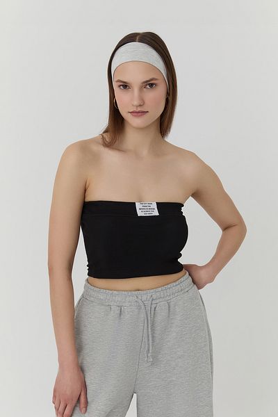 Quzu Text Printed Strapless Bustier Blouse Black