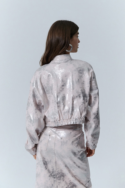 Quzu Metallic Patterned Zippered Jacket Powder