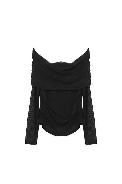 Quzu Off-Shoulder Long Tulle Sleeve Blouse Black
