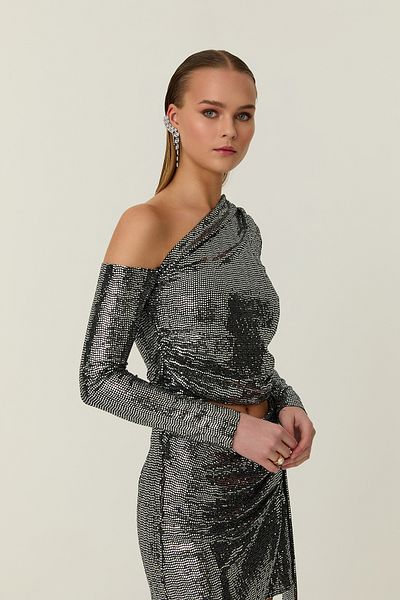 Quzu Glittered Off-Shoulder Blouse Silver