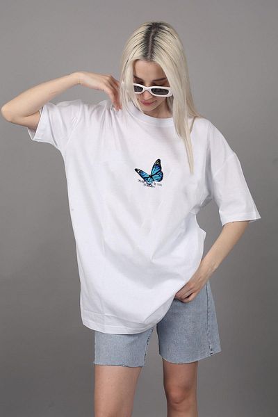 Guillermo T-shirt Blue Butterfly Printed Cotton Crew Neck Oversize