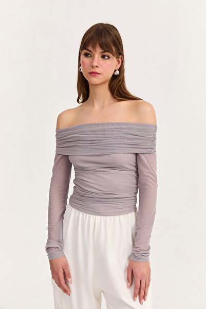 Quzu بلوزة بأكمام طويلة من التول باللون الرمادي