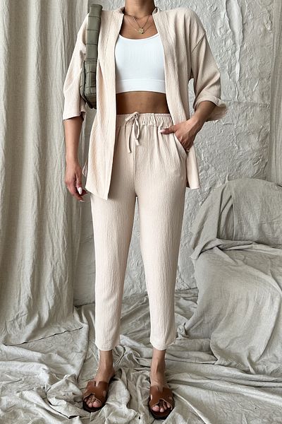 MODAGEN Women's Beige Kimono Top and Bottom Carrot Pants Set