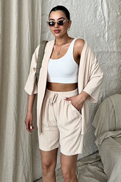 MODAGEN Kadın Bej Kimono Gömlek Şort Alt Üst Takım