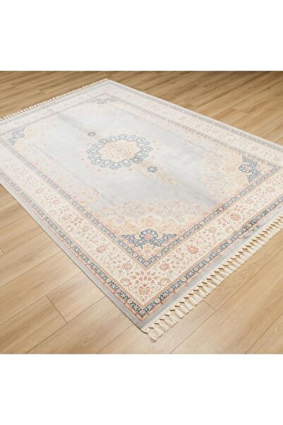 Halıcızade Makine Dokuma ipek Çiçek Desenli Mavi Halı