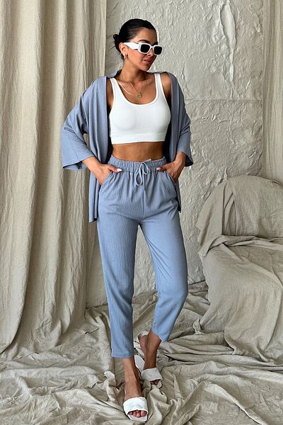MODAGEN Women's Gray Kimono Top and Bottom Carrot Pants Set