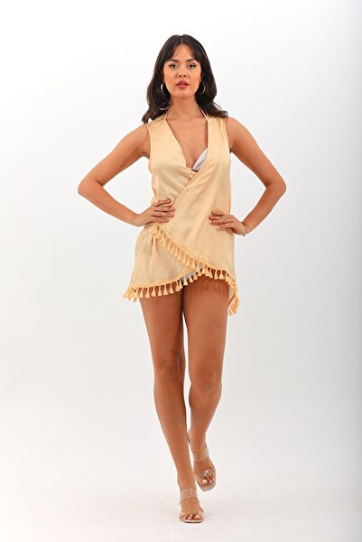 marecaldo Yazlık Kadın Giyim Modası Mayo üzeri Kruvaze Pareo Modeli Crema Saç...