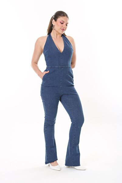 Şans Women's Large Size Navy Blue Back Low-cut Denim Jumpsuit 65N37732