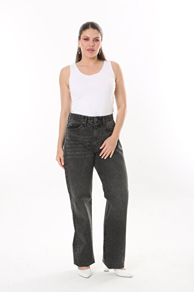 Şans Women's Large Size Anthracite High Waist 5 Pocket Jeans 65N37745