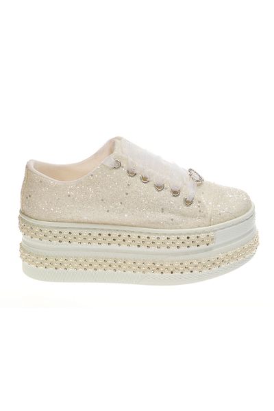 Ayakkabı Tutkusu Stilo ® Glitter Sneakers for Brides: Ivory Detailed 7cm Flat Platform