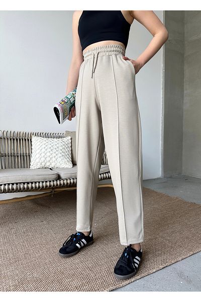 schlank Women's Beige Modal Mixed Fabric Striped Baggy Trousers with Elastic Waist Pockets