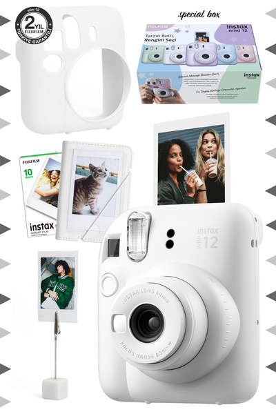 Fujifilm Instax mini 12 Beyaz Fotoğraf Makinesi-10'lu Film-Kıskaçlı Stand-Mini Albüm ve Silikon Kılıf Seti