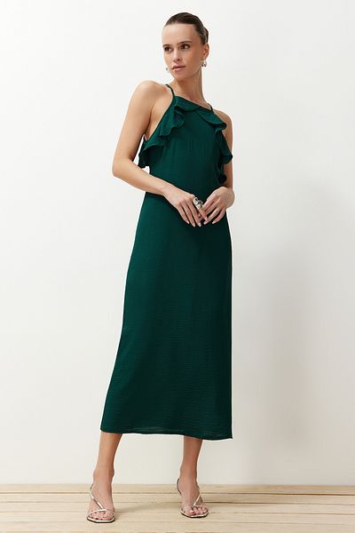 Trendyol Collection Emerald Green Straight Cut Ruffle Detailed Maxi Woven Dress TWOSS24EL00525
