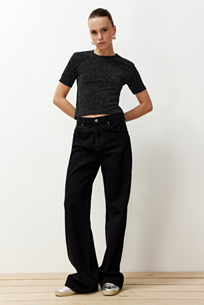 Trendyol Collection Černé lesklé/stříbrné pravidelné/normální střih pletené tričko TWOSS24TS00259