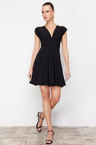 Trendyol Collection Black Straight Skater Sleeveless Skater/Belt Opening Stretchy Sandy Mini Dress TWOSS24EL01006
