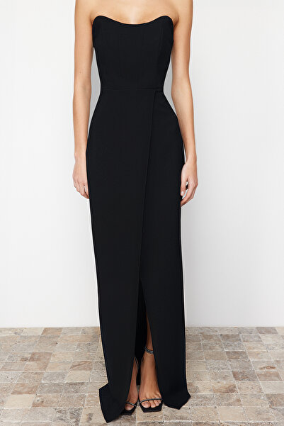 Trendyol Collection Dlouhé večerní tkané černé korzetové šaty TPRSS24AE00151