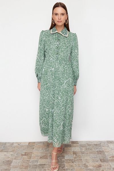 Trendyol Modest Πράσινο φλοράλ γιακά με λεπτομέρεια υφασμένο φόρεμα από σιφόν TCTSS24EB00033