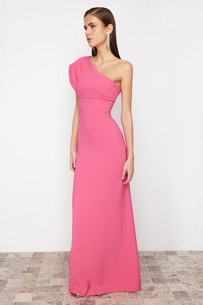 Trendyol Collection Φούξια ασύμμετρο γιακά βραδινό φόρεμα - TPRSS24AE00119