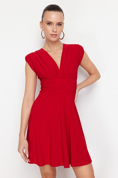 Trendyol Collection Red Straight Skater Sleeveless Skater/Belt Opening Stretchy Sandy Mini Dress TWOSS24EL01006