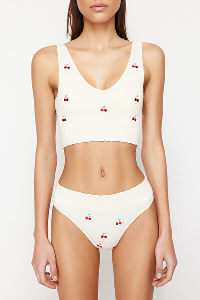 Trendyol Collection Ecru sada bezešvého pleteného prádla – třešňová výšivka, bez kostice THMSS24CC00026