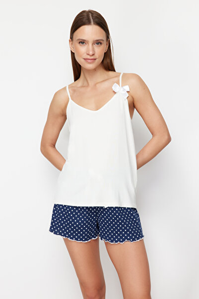 Trendyol Collection White-Navy Blue Polka Dot Ribbon/Bow String Straps Shorts Knitted Pajama Set THMSS24PT00320
