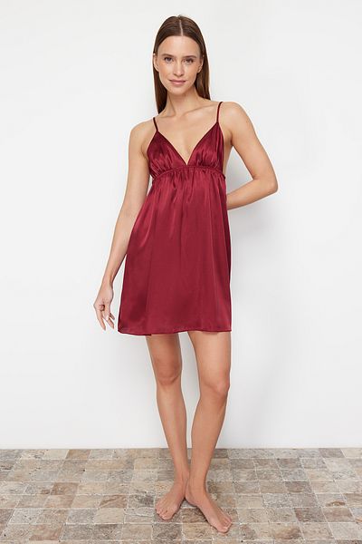 Trendyol Collection Cămașă de noapte din satin cu curele din frânghie bordeaux THMSS24GC00034
