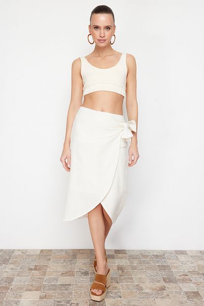 Trendyol Collection Ecru Double Breasted Lacing Detail Midi Length Woven Skirt Twoss24Et00177
