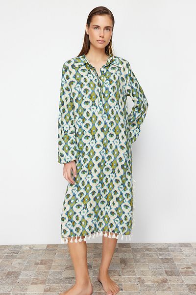 Trendyol Collection Geometric Print Maxi Woven Tassel Beach Dress TBESS24EL00105