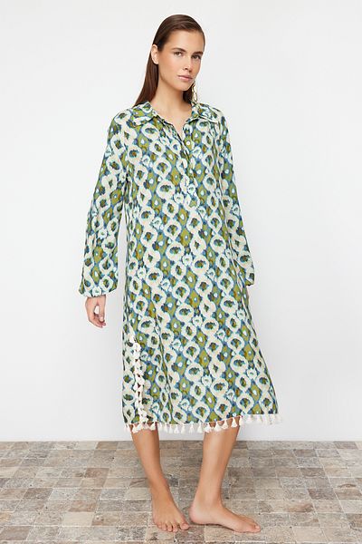 Trendyol Collection Geometric Print Maxi Woven Tassel Beach Dress TBESS24EL00105