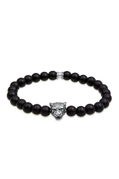 KUZZOI Herren Onyx Edelsteine Schwarzes Armband – Tiger Kopf 925 Silber