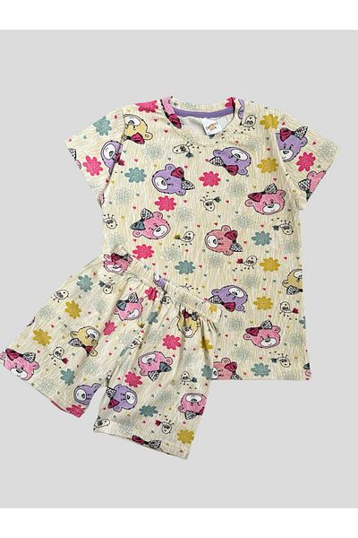 elmas kids Κοριτσίστικο 100% βαμβακερό αρκουδάκι Chick με λουλουδάτο σχέδιο κοντομάνικο σορτς καλοκαιρινές πιτζάμες