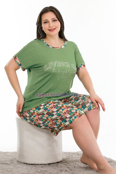 quilling Lady 10390 Plus Size Green Patterned Pajamas Set with Shorts