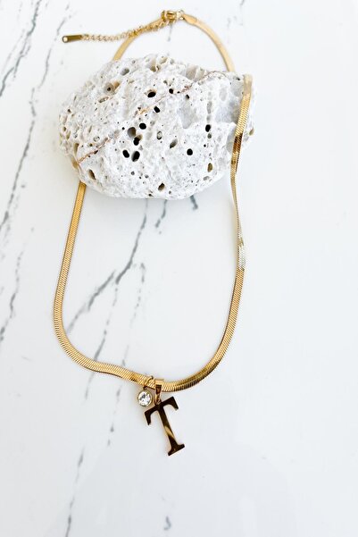 Pretty İtalyan Zincir Tek Taş ve Harfli Gold Renk Kararmaz Çelik Kolye