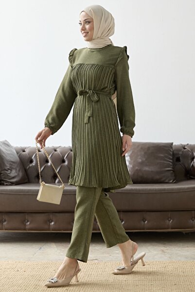 InStyle Front Pleated Ruffle Detail Set - Khaki