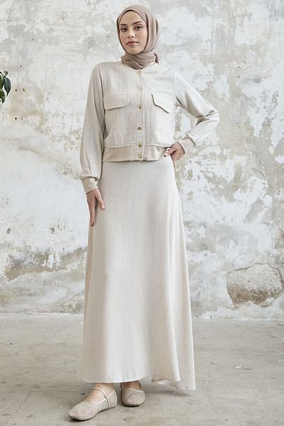 InStyle Linen Suit with Striped Jacket Skirt - Brown