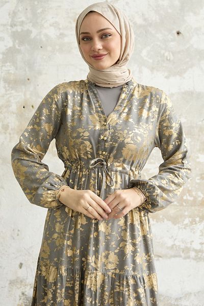 InStyle فستان بنمط أوراق الشجر الذهبية - رمادي