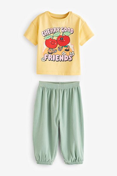 Next Baby Girl's 100% Cotton Cherry Printed Yellow-Mint Green T-shirt - Jogger Set