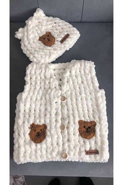 Meltem's Puffy Unisex Vest Hat Set with Knitted Teddy Bear