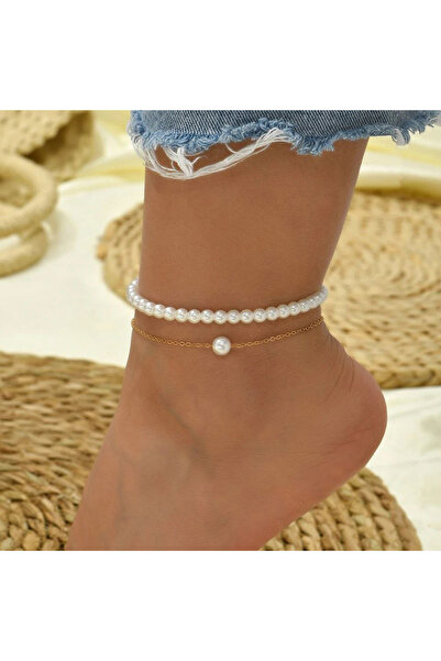 MODAMAYS İncili Zincirli İnci 2 li Kadın Halhal