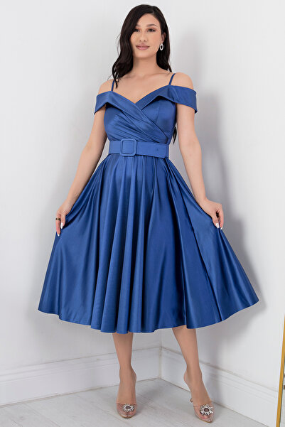 PULLIMM Düşük Omuz Kemerli Saten Abiye Elbise 39830