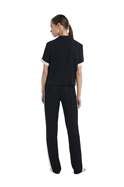 Blackspade Women's Short Sleeve Shirt Collar Black Pajamas Set C4T6N3O06-