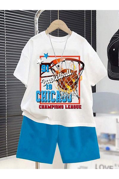 MORNİNG KİDS Boy's White-Sax Blue Chicago Basketball Shorts-T-Shirt Set