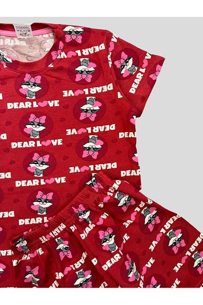 elmas kids Girl's 100% Cotton Red Bow Heart Cat Patterned Short Sleeve Shorts Summer Pajamas Set