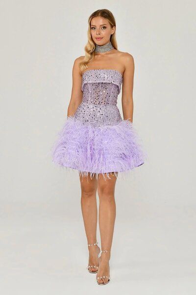 ALFABETA Straplez Eteği Tüylü Payet Kısa Elbise